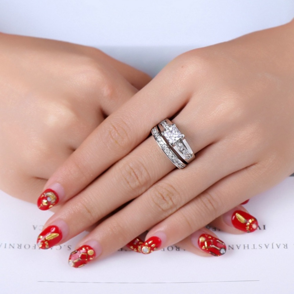 925 STERLING SILVER DIAMOND ENGAGEMENT SET RING, CUTE RING, SHINY RING. - Picture 3 of 6